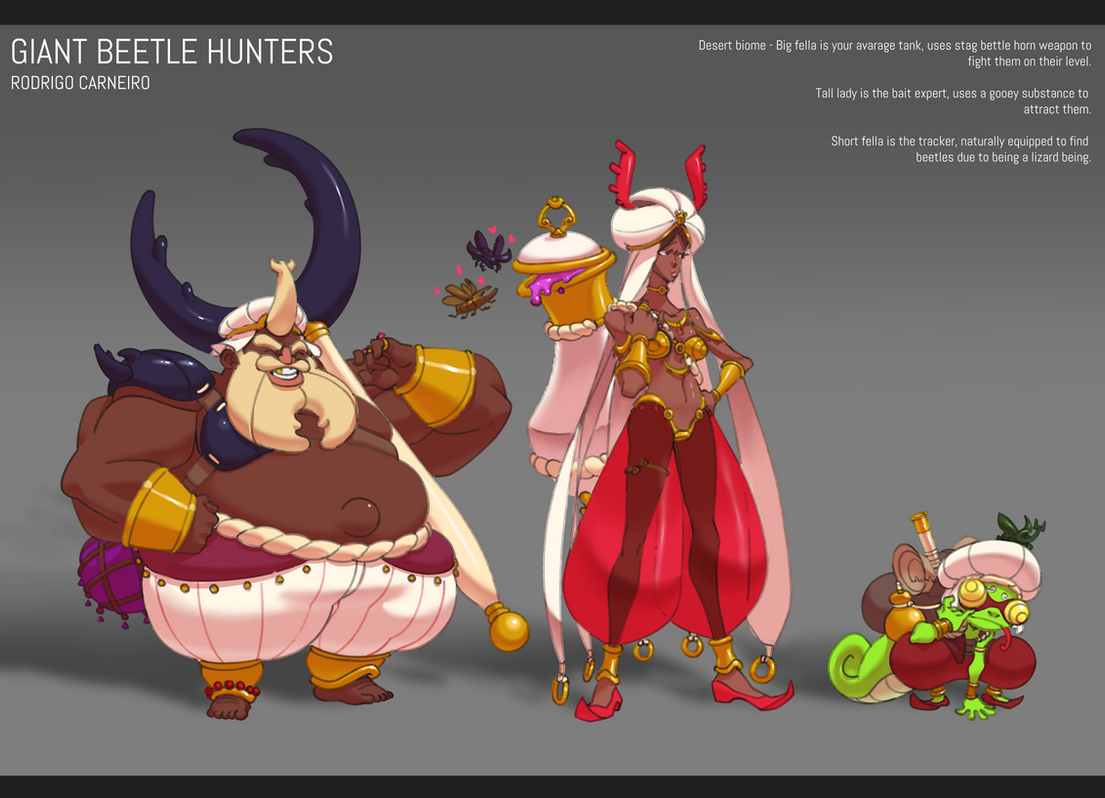 the image features 3 anthropomorphic characters: one beetle, one human and one lizard, with exaggerated body features.  the beetle has a large body, two horns and a long tail.  he's wearing a white turban and golden armor, with a pink sash. the human is female, wearing a red skirt, a white turban, and gold accessories. she has long, white hair and a golden pot with pink goo in one hand. the lizard is short, wearing a white turban and gold jewelry. he's holding a small, wooden horn in his hand. all 3 characters are standing together, the lizard looking left, the beetle looking right and the lady looking forward.  all are characters appear to be ready to hunt for beetles.