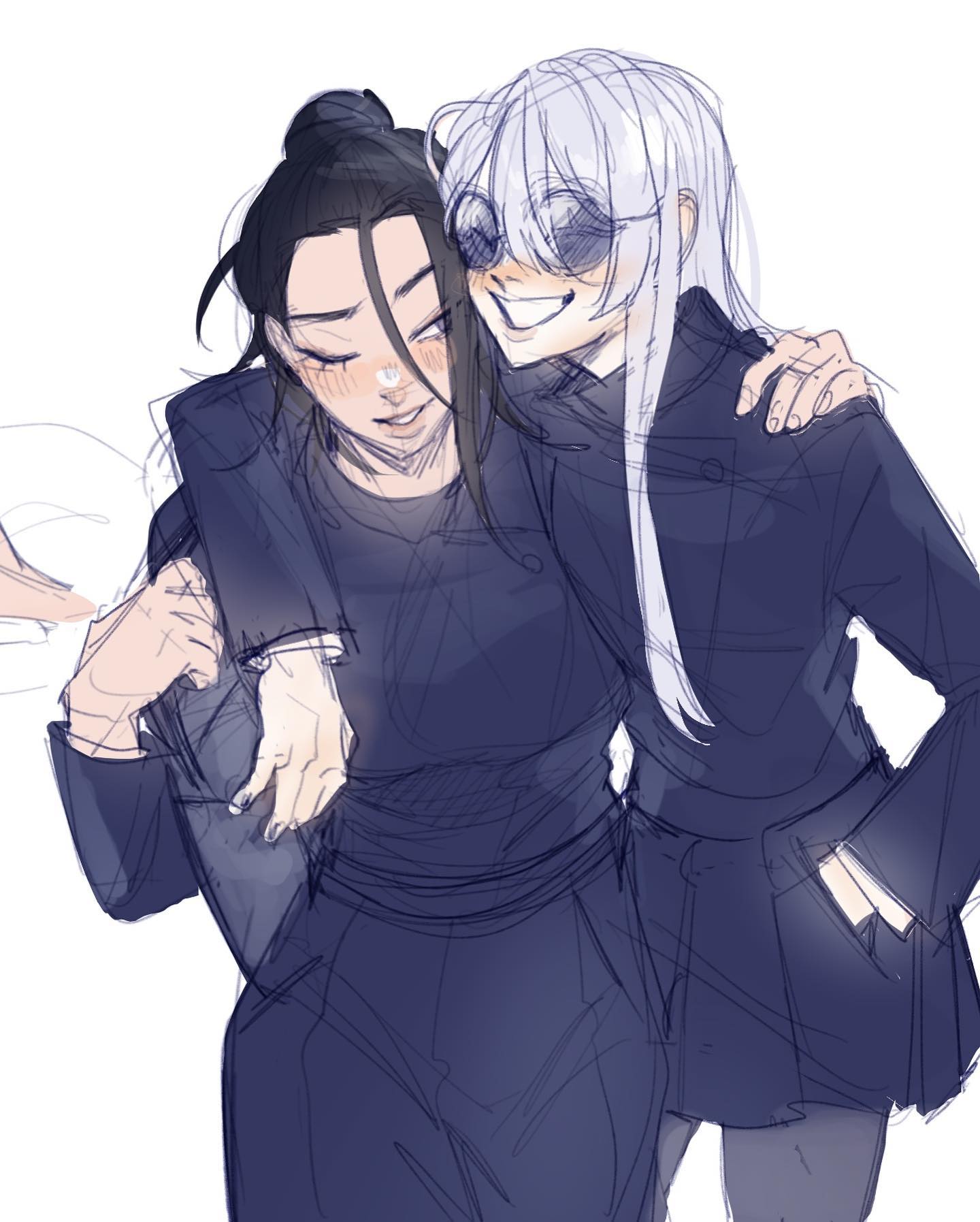 a drawing of two anime girls, one with white hair and one with black hair, hugging. they are both smiling and appear to be having a good time. they are wearing black outfits. the drawing is done in a sketchy style with a lot of blue hues.