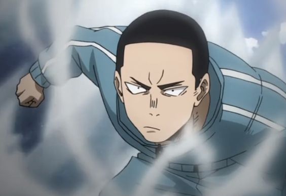 a young athletic male anime character with a determined expression is shown in a close up perspective. he is wearing blue and white athletic wear and is surrounded by light blue smoke.