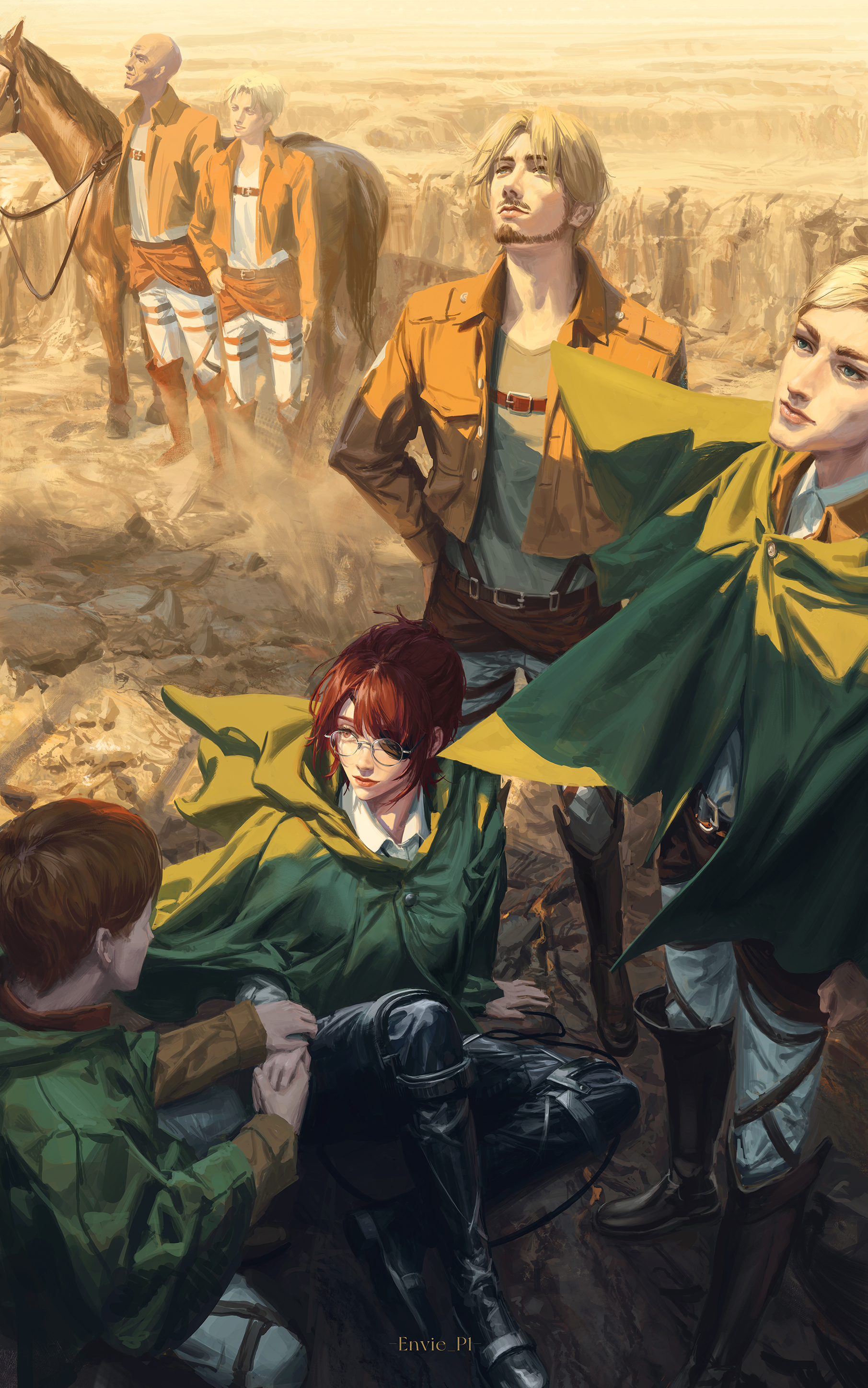 the image depicts a group of attack on titan characters in an outdoor setting. prominently featured are hange zoe, seated and looking concerned, and erwin smith, standing tall with a serious expression. levi ackerman is partially visible, positioned behind erwin. they are all wearing survey corps uniforms, including green cloaks. in the background, other survey corps soldiers are mounted on horses. the scene suggests a moment of introspection or planning before a dangerous mission. the overall atmosphere is serious and determined.