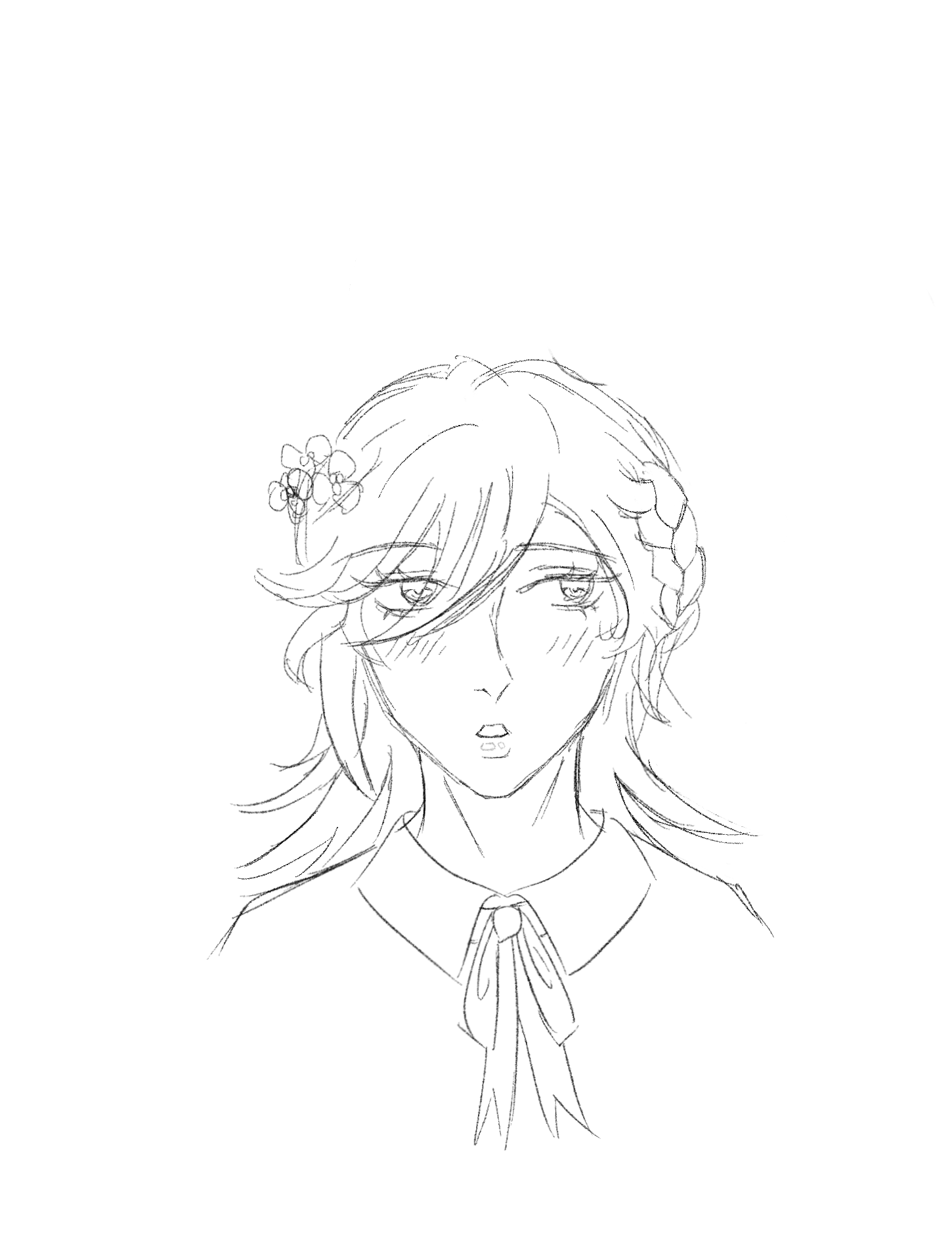 the image is a pencil sketch of an animestyle girl.  she has long hair partially braided, with a small flower crown adorning her hair. she's wearing a collared shirt with a bow tie. her expression is one of mild surprise or shock, indicated by her slightly open mouth and blushing cheeks. the style is a light, sketchy drawing, lacking strong line weight and detail, giving it a rough, unfinished feel. the overall impression is soft and delicate.