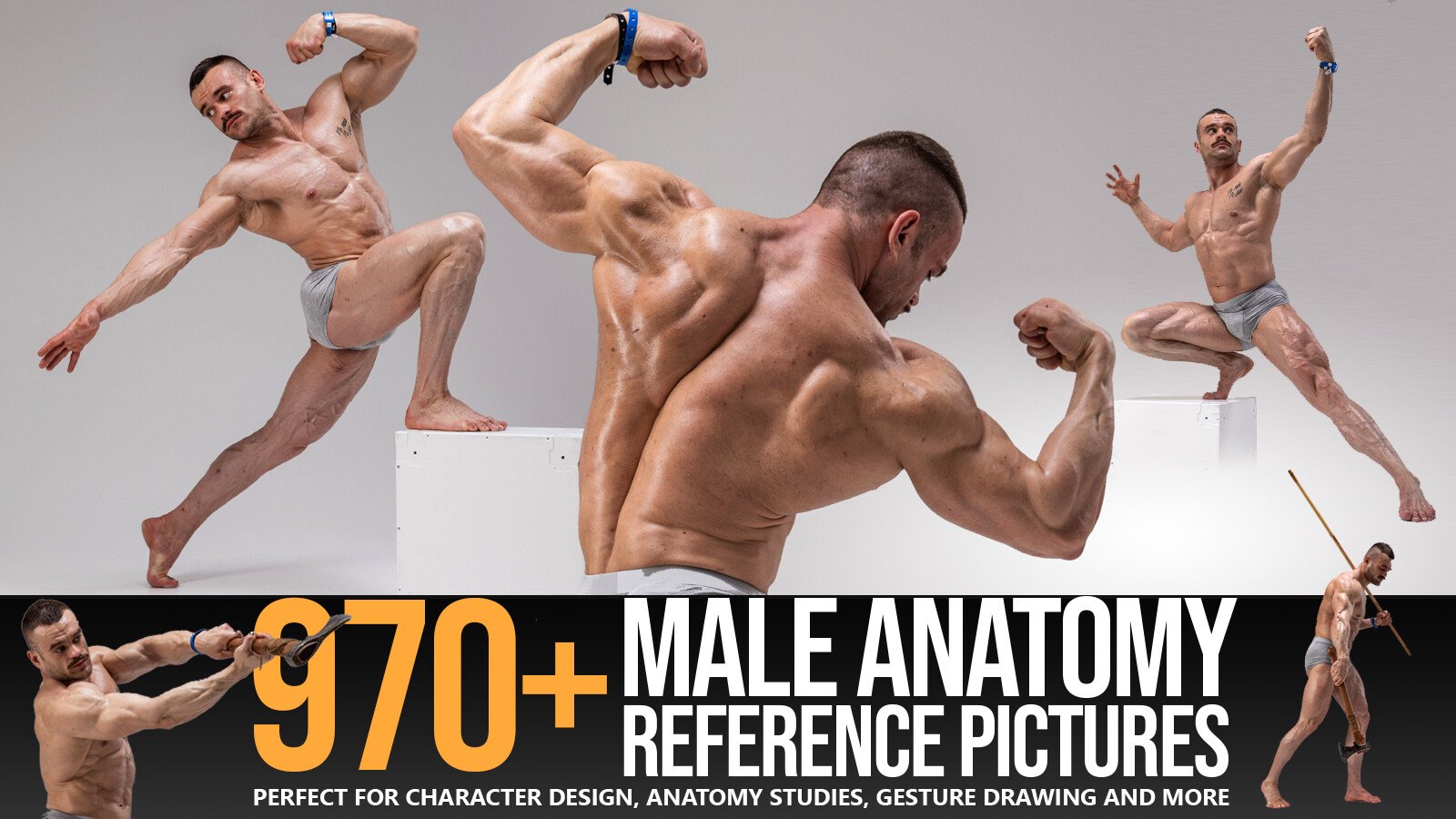 this image is a promotional image for a set of male anatomy reference photos. it features a buff male model in various poses, with a  large "970+" graphic overlayed on the photo, and the text "male anatomy reference pictures" prominently displayed below the graphic. the description at the bottom of the image highlights the usefulness of these photos for character design, anatomy studies, gesture drawing, and more.