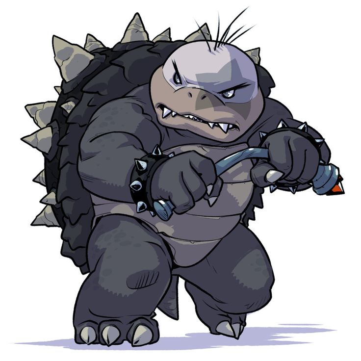 an illustration of a dry bones, a koopa character from the super mario franchise, stands menacingly. he is dark gray with a spiked shell, wears spiked bracelets, and holds a pipe weapon.