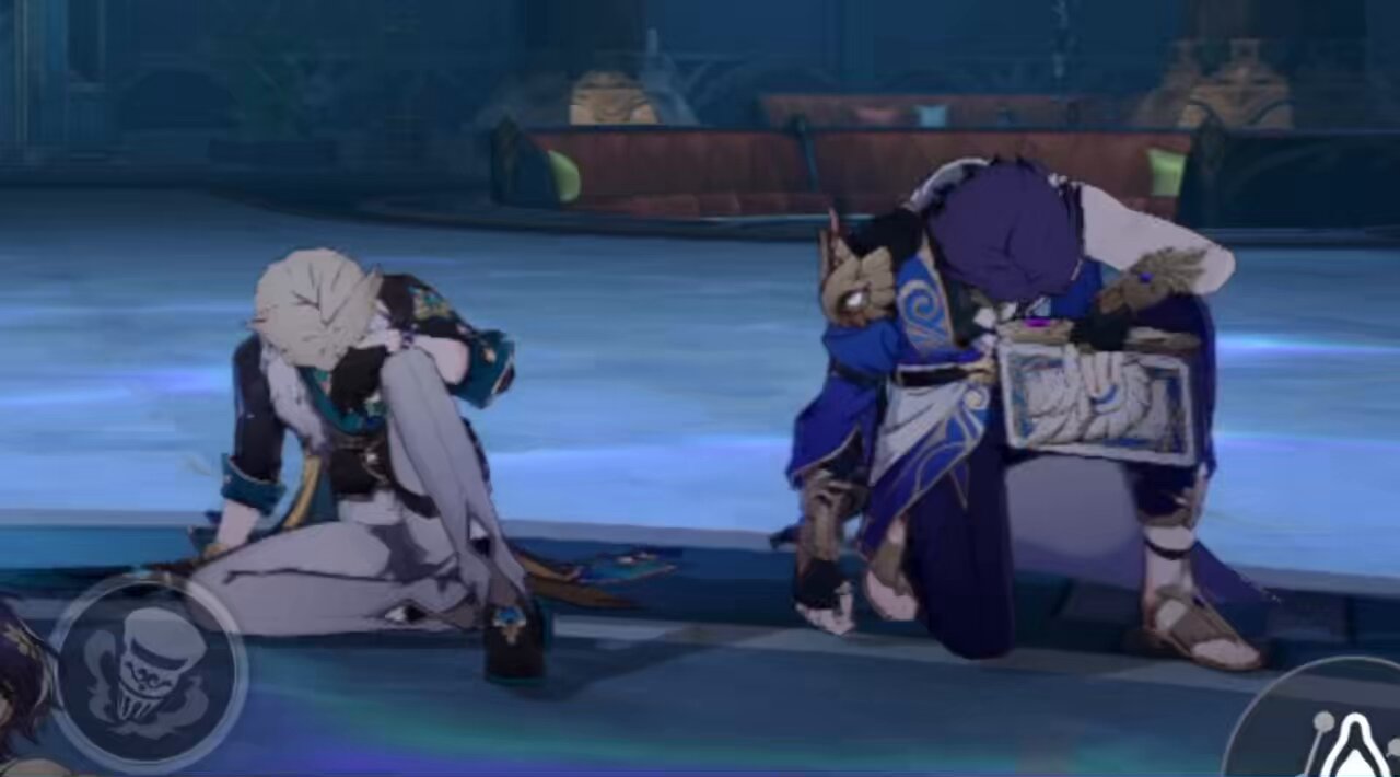 two genshin impact characters, childe (male) and zhongli (female) are shown in a closeup shot, engaged in combat. childe is wielding his signature weapon, the hydro bow "polar star," while zhongli is wielding his geo polearm "primordial jade wingedspear." the scene is set in a dimly lit environment with an aqua blue color scheme and a stylized, animeinfluenced art style.