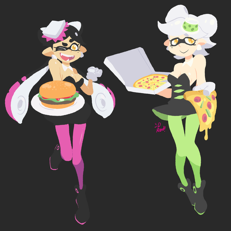 two female characters, an inkling and an octoling, are drawn sidebyside in a digital cartoon style. the inkling, with a white and black outfit, is holding a burger on a white plate, and the octoling, in a green and black outfit, is holding a pizza. the inkling is in the left part of the image, with the octoling on the right. both have black shoes, black eyes and black hair. both are holding a plate with the food with their right arm.