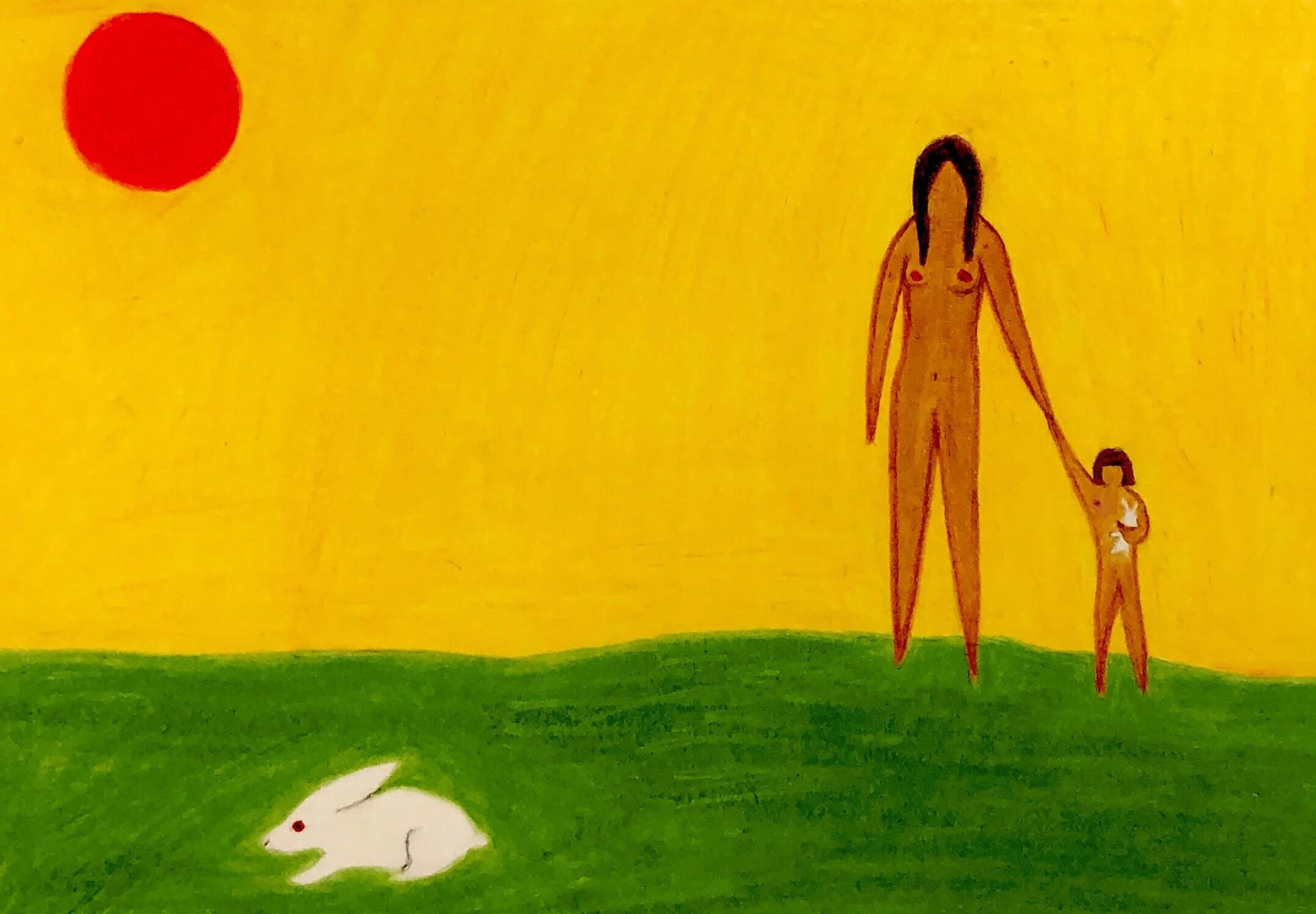 he painting depicts a minimalist scene of a nude woman and a small child holding hands in a green field under a large red sun. a white rabbit is also present in the field. the style is naive and childlike, with simple forms and bold colors. the overall mood is peaceful and serene.