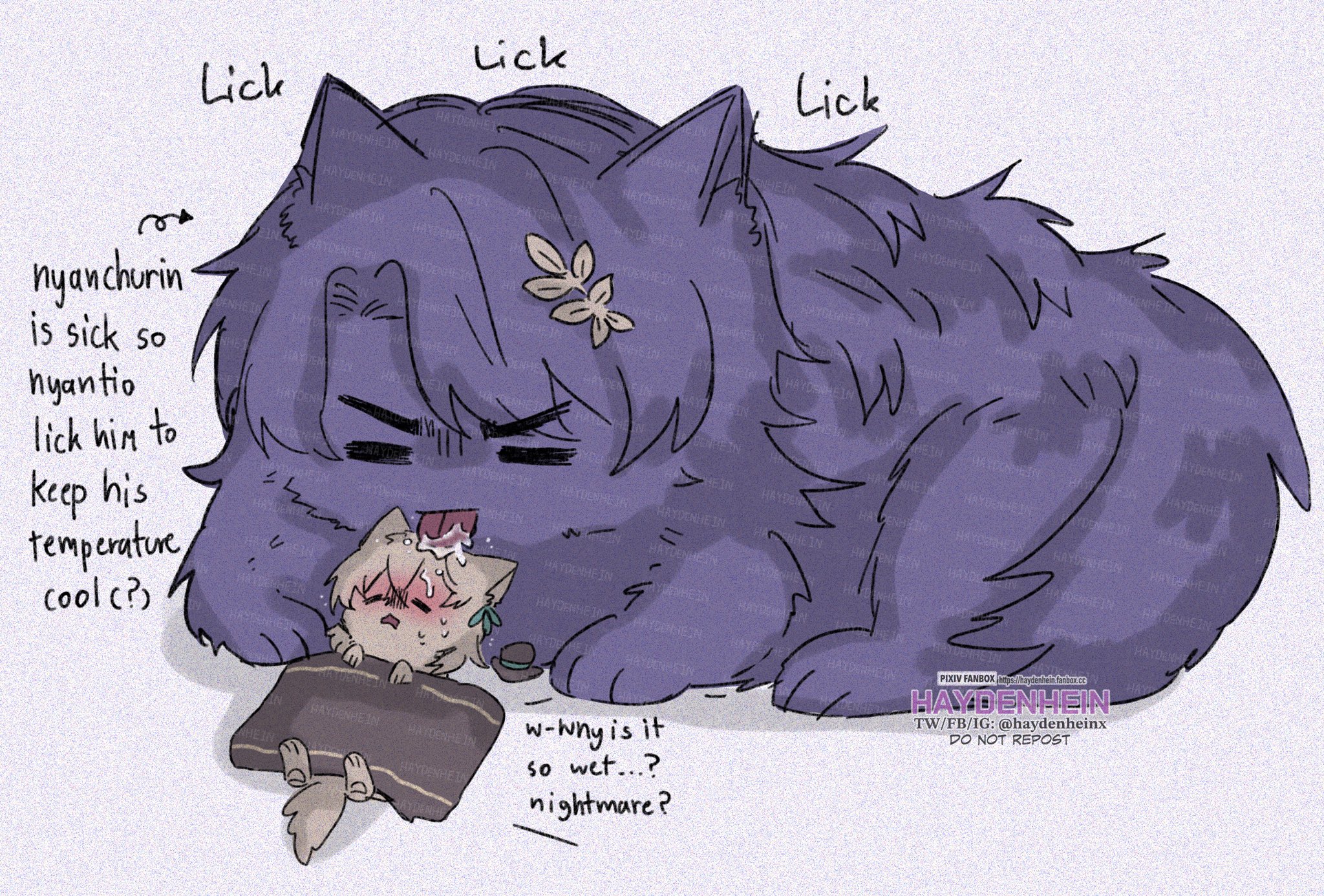 a cartoon image of a large purple cat licking a smaller gray cat. the smaller cat is sick and lying on its back with a worried expression. the large cat is looking down at the smaller cat with a concerned expression. the caption reads "wwhy is it so wet...? nightmare?"