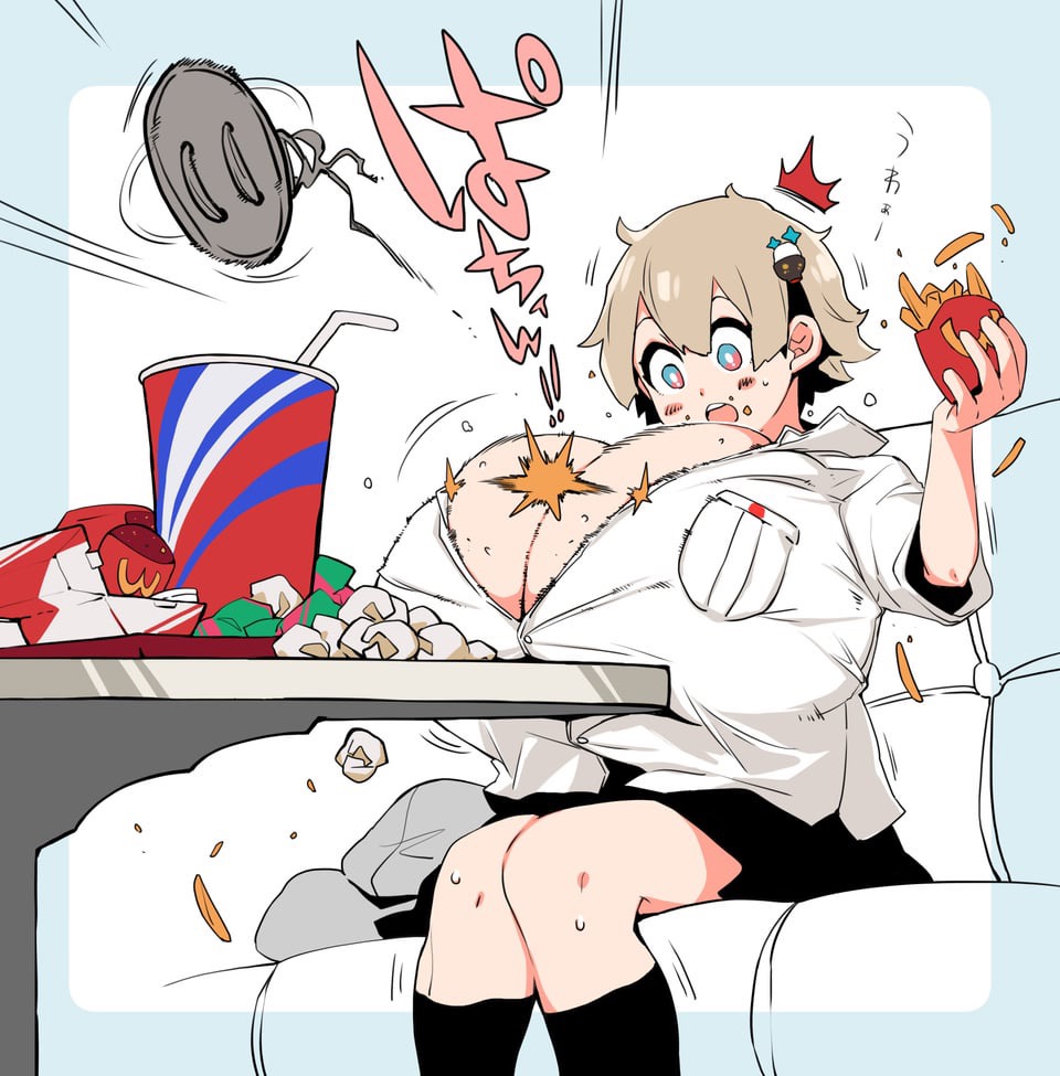 an anime girl is sitting on a couch. she is eating fast food and has a surprised expression on her face. the food seems to have exploded and is going everywhere, and the girl looks shocked.