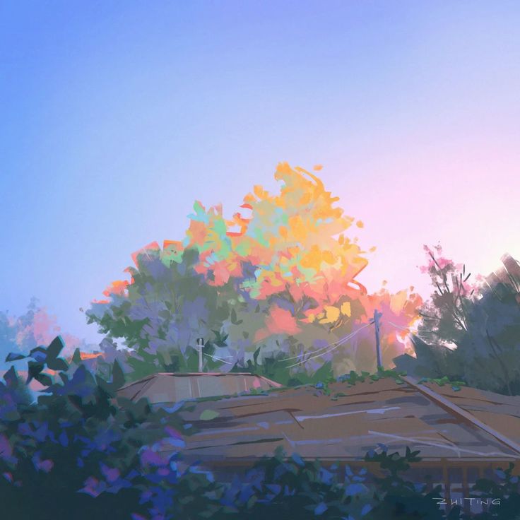 this image is a digital painting of a sunset over a suburban home. the sky is a beautiful gradient of blue, pink, and orange. a large tree with multicolored leaves is the focal point of the image, illuminated by the setting sun. the roof of a house and various plants are visible in the foreground.