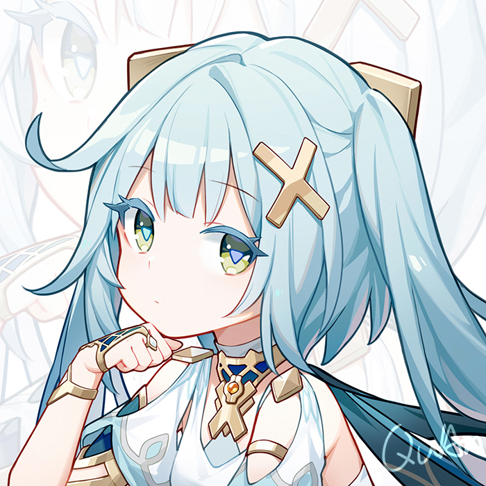 a cartoon anime girl with blue hair is looking at the viewer with a smile on her face. she is wearing a white dress with gold accents and has a cross on her hair. the background is white.