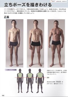 this image is an anatomical reference for artists. it shows six male figures in various standing poses against a white background. the illustrations focus on the overall balance and silhouette of the body, highlighting the differences in proportion and stance. there's also japanese text explaining the importance of understanding body proportions and silhouette when drawing.