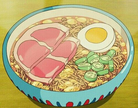 a closeup illustration of a bowl of ramen. the ramen is depicted in a cartoonish style, with vibrant colors and simple lines. the bowl contains noodles, a soft boiled egg, slices of pork, and chopped green onions, all in a rich brown broth. the style of the illustration is reminiscent of anime or manga. the background is a muted yellowgreen.
