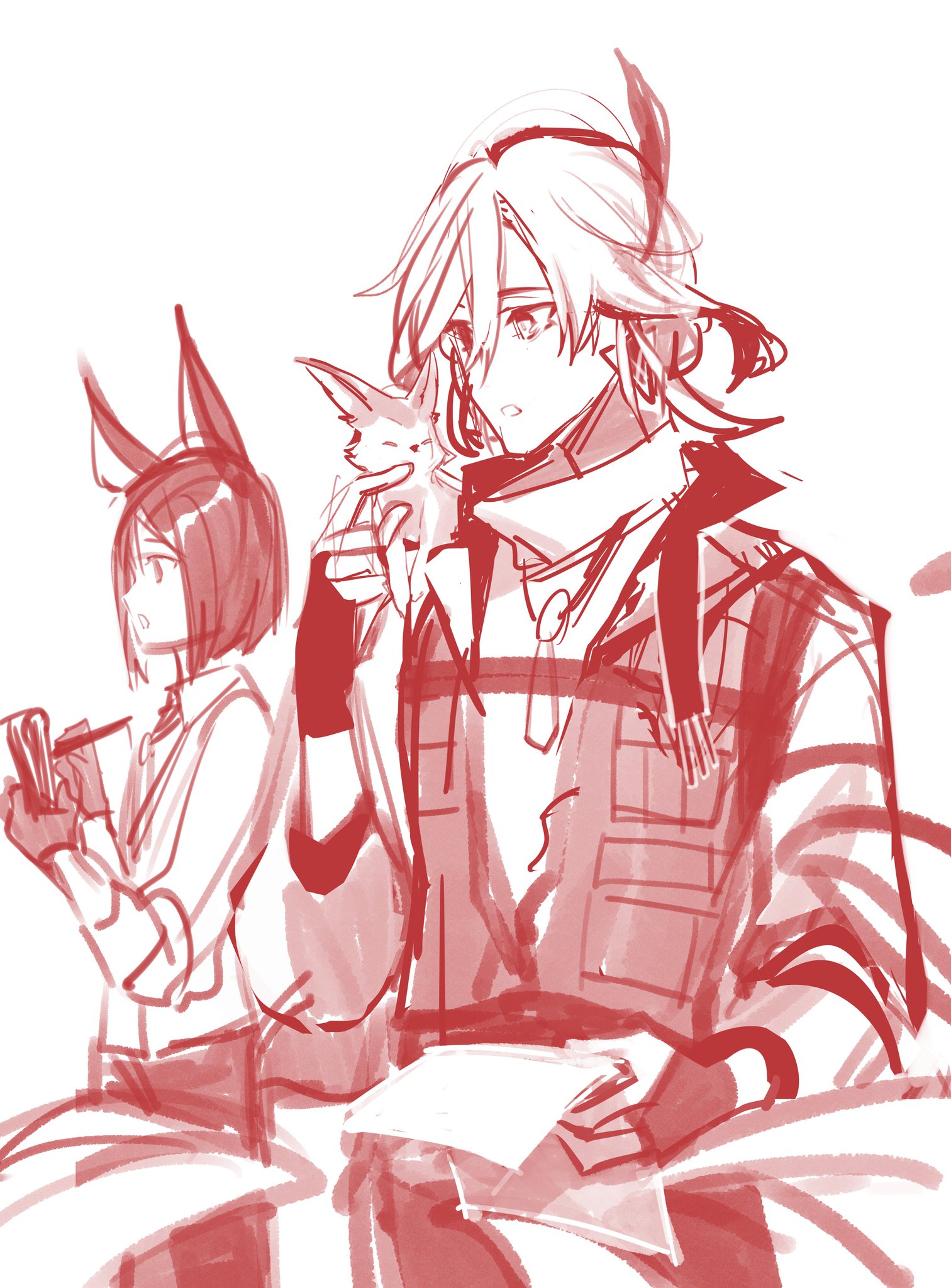 this is a digital drawing of a boy and a girl. the girl is holding a book and has cat ears. the boy is holding a white fox in his hands and is smiling. both of them are standing against a white background. the sketch is done in red and white color.