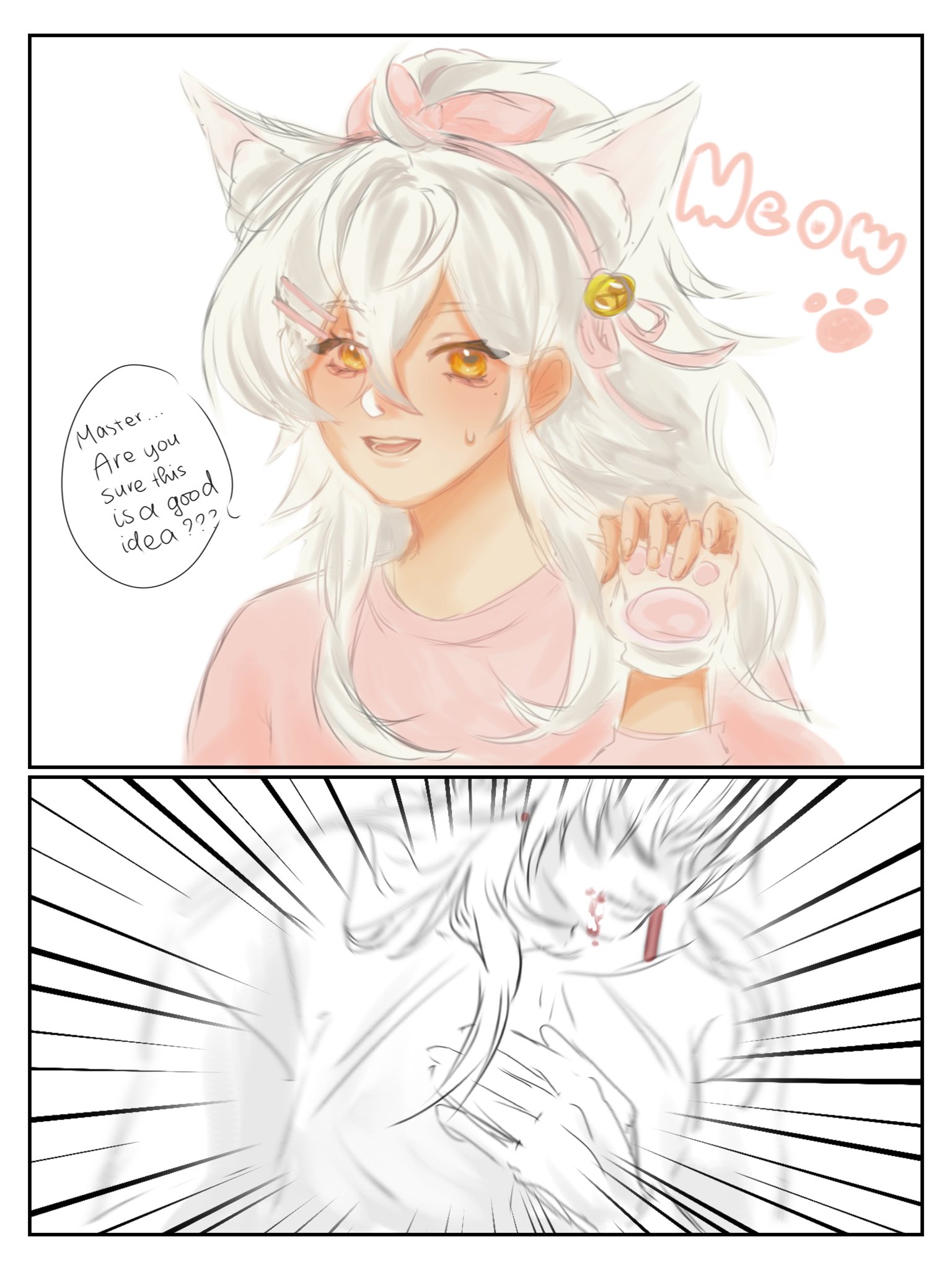 the top panel shows a girl with white hair and cat ears, wearing a pink top. she has a surprised expression on her face and is holding a stuffed cat paw. the bottom panel shows the girl with the same surprised expression. she's wearing a white shirt and the panels is outlined with a comiclike effect to indicate a jump cut. the girl appears to be blushing in both panels.  the top panel also has a speech bubble with the phrase, "master... are you sure this is a good idea???" the word "meow" is also written above the girl's head with a pink paw print underneath.