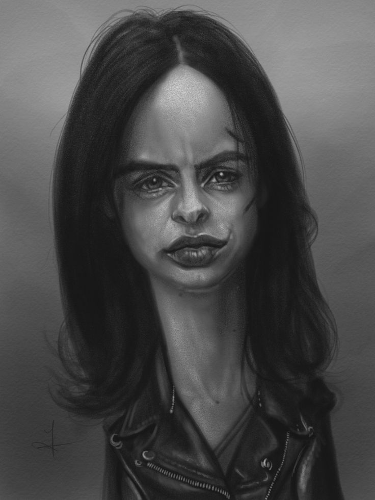 a black and white caricature of krysten ritter as jessica jones. she has a displeased expression and is wearing a leather jacket. the style is illustrative with exaggerated features.