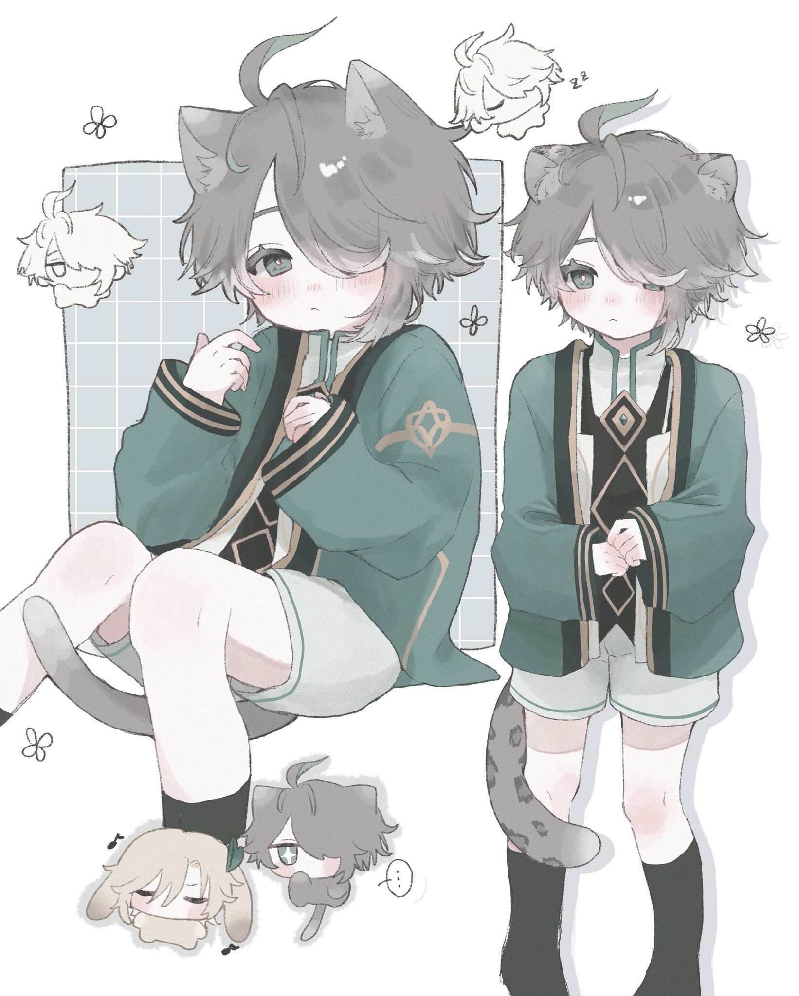he image contains a digital drawing of two chibistyle anime boys. both boys have grey hair, cat ears, and are wearing similar green jackets and white shorts. one boy is sitting down, with a long cat tail behind him, and the other is standing. they both have similar facial features and expressions.  surrounding the main characters are smaller, simpler drawings of what appear to be small animals or chibi characters. the overall style is soft, pastelcolored, and cute. the background is a light, almost transparent blue grid.