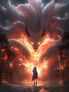 a large, fiery fox demon stands in the center of the image, with a young woman standing before it. the demon is composed of swirling orange and yellow flames, and it has a fierce and intimidating expression. the woman is silhouetted against the light of the demon, and she is wearing a red dress. the background is dark and blurred, suggesting that the scene is taking place at night. the image has a magical and otherworldly feel.