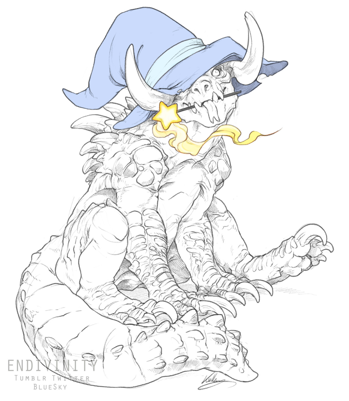 a drawing of a large white monster with horns and spikes. it is wearing a blue wizard hat and holding a magic wand with a star on the end. there is yellow fire coming out of the wand.