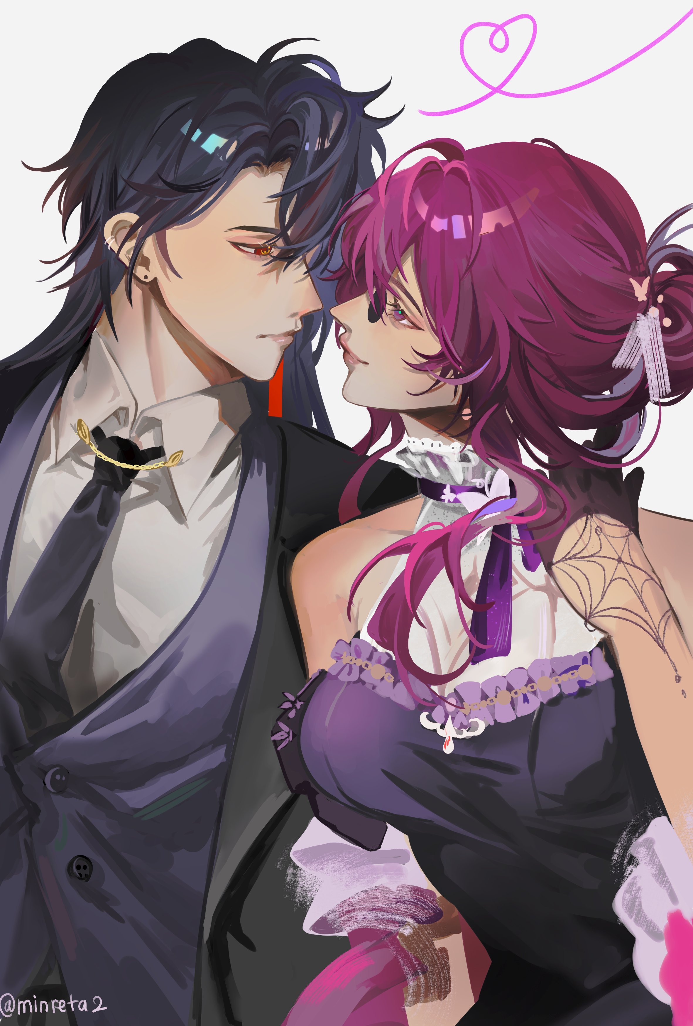 an anime couple with the girl in a purple and black dress and the boy in a suit.  the boy has black hair and the girl has pink hair. the couple looks at each other, eyes locked, their lips almost touching. there is a pink heart above them. the image is in a soft, romantic style.