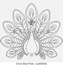 this is a black and white line drawing of a peacock, viewed in profile, with its tail fanned out in a decorative pattern. the detailed illustration captures the elegance and beauty of the bird's plumage.