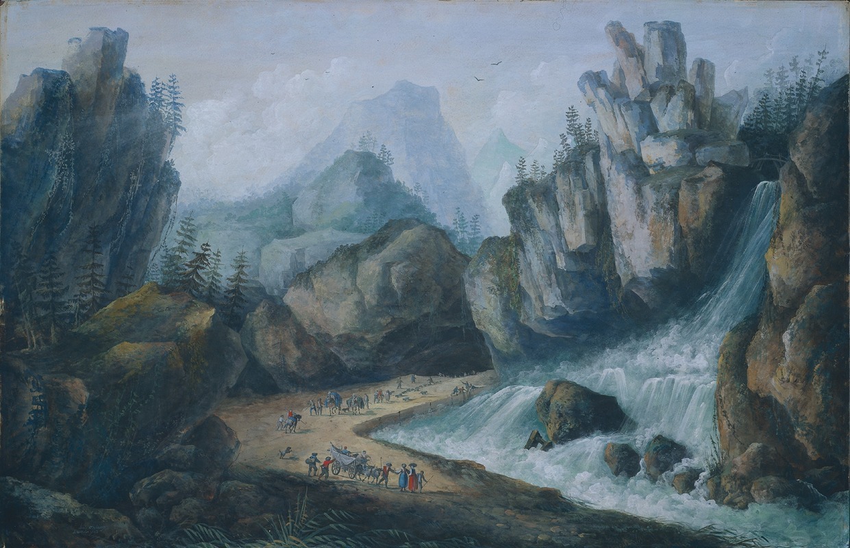 a landscape painting depicting a mountain pass with a waterfall. figures and carriages are seen traveling along a path through the pass. rugged rock formations and trees frame the scene, with distant mountains and a cloudy sky in the background.