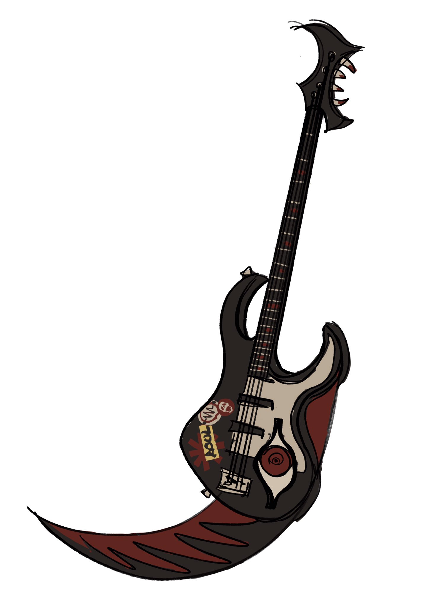 the image is a cartoon drawing of a bass guitar. the guitar has a unique design, with a dark body, a long neck, and a curved headstock resembling a skull with teeth. the body of the guitar is adorned with stickers, giving it a wornout, rocker aesthetic. the guitar's overall style is a blend of heavy metal and gothic elements, with a hint of fantasy. the drawing style is loose and sketchy, with visible line strokes and shading. the background is plain white.
