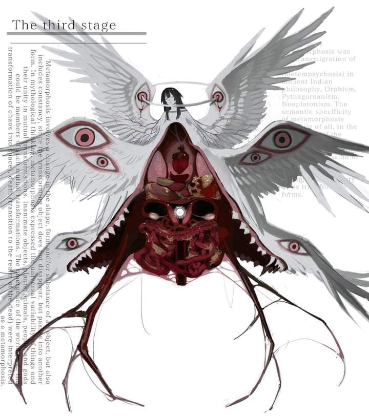 a demonic angel with red, white, and black wings and a human face is depicted in a mystical surreal graphic illustration. it has multiple eyes and a gaping mouth showing teeth, and a body that is comprised of organs. it has a halo above its head and appears to be staring at the viewer with a sinister look. the image is dark, spooky, and unsettling, and evokes a sense of fear and the unknown.