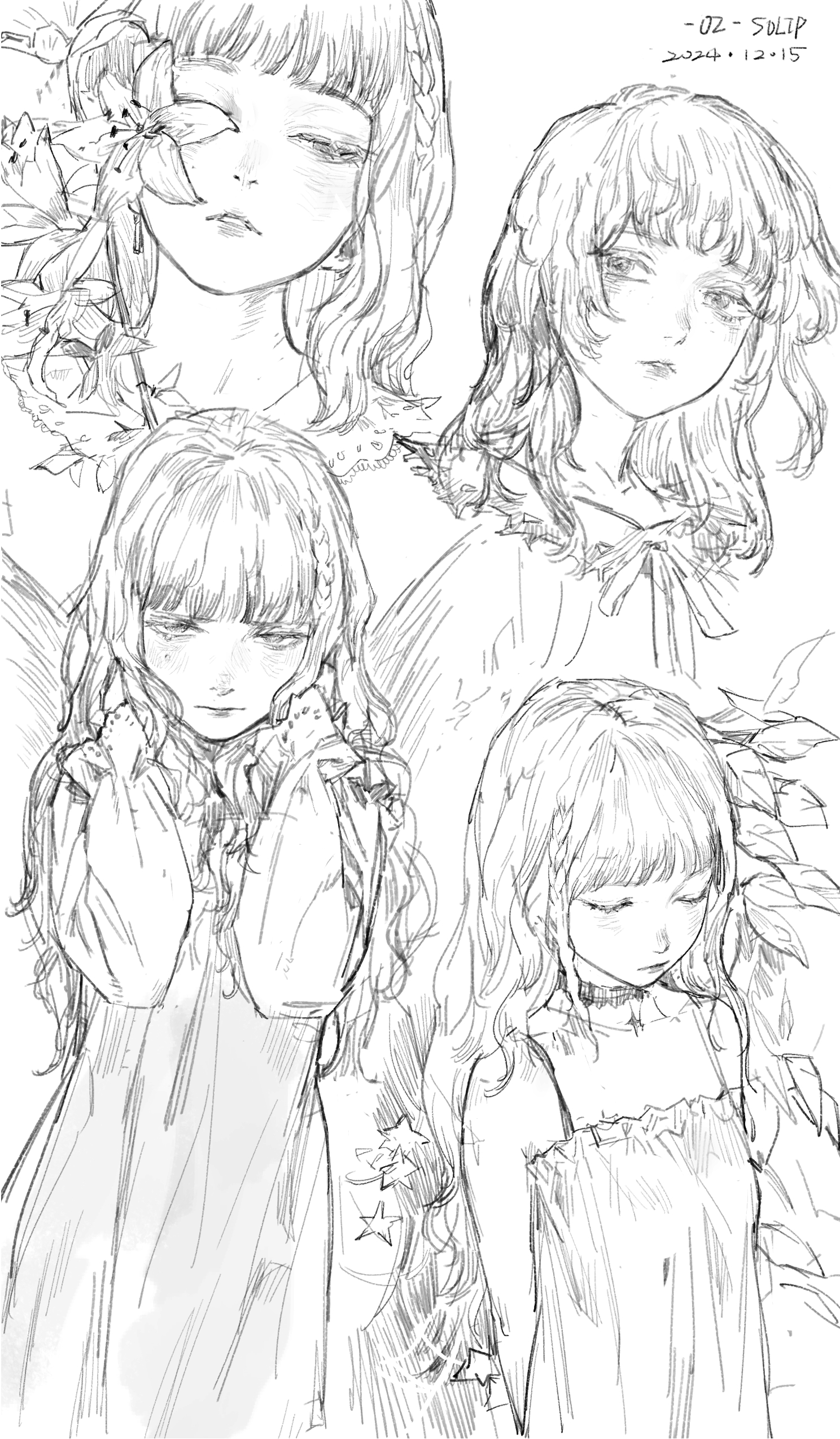 he image contains a collection of five pencil sketches of young women with flowing hair, often styled with bangs. they are dressed in simple, elegant dresses, and some are adorned with floral elements like lilies and leaves.  the style is delicate and ethereal, reminiscent of manga or anime. the women's expressions are generally soft and pensive, with their eyes often closed or downcast. the sketches vary in pose and composition, with some being fullbody and others focusing on the face and upper body.  the overall mood is serene and somewhat melancholic.  the background is mostly white, allowing the figures to stand out prominently. the linework is expressive, with varying thickness and shading to create depth and texture. the artist's signature and date are visible in the upper right corner.