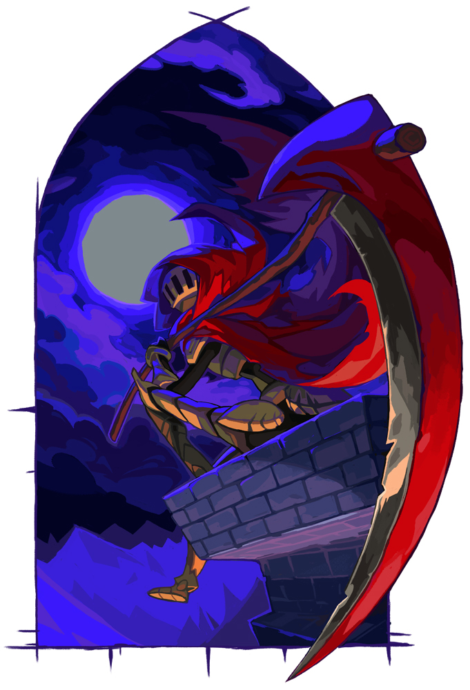 this illustration depicts a warrior knight wielding a large, red scythe. the knight is clad in dark armor and wears a flowing red cape.  the setting is a dark and gothic castle, with a full moon illuminating the scene. the artwork has a vibrant, stylized aesthetic, and features bold lines and colors.