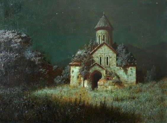 he image is an oil painting depicting an old, stone church in ruins.  the church is situated in a field of overgrown vegetation under a dark, starlit night sky. the atmosphere is mystical and serene, with a sense of age and quiet solitude. trees surround the church, contributing to the secluded and somewhat overgrown nature of the scene. the painting's style suggests a focus on mood and atmosphere, with details rendered in a way that emphasizes the overall feeling rather than precise realism. the color palette is muted and dark, with greens, browns, and grays dominating.  the style evokes a sense of history and a feeling of timelessness.