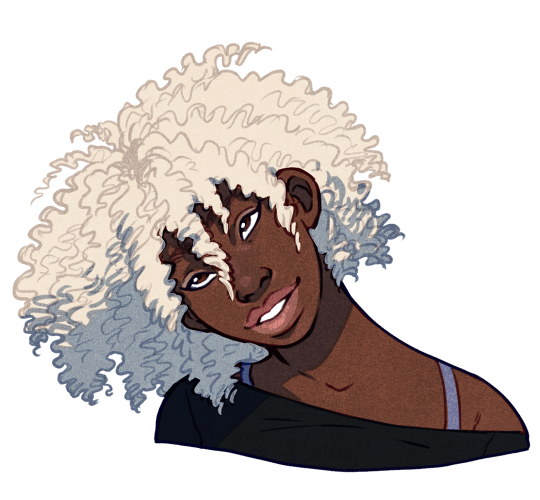 this is an illustration of a black woman with white curly hair. she is smiling and her head is tilted to the side.  she is wearing a dark colored shirt with a thin lavender strap peeking out.  the style is painterly with visible texture.