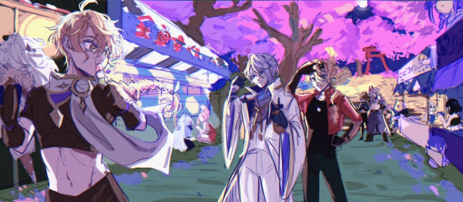 this is a digital illustration of a group of anime characters in a vibrant festival setting. the characters are brightly colored and detailed with unique outfits. the background is a whimsical, fantasy night scene with glowing lights, food stalls, and an enchanting atmosphere. the art style is dynamic and imaginative, reflecting the playful energy of the scene.