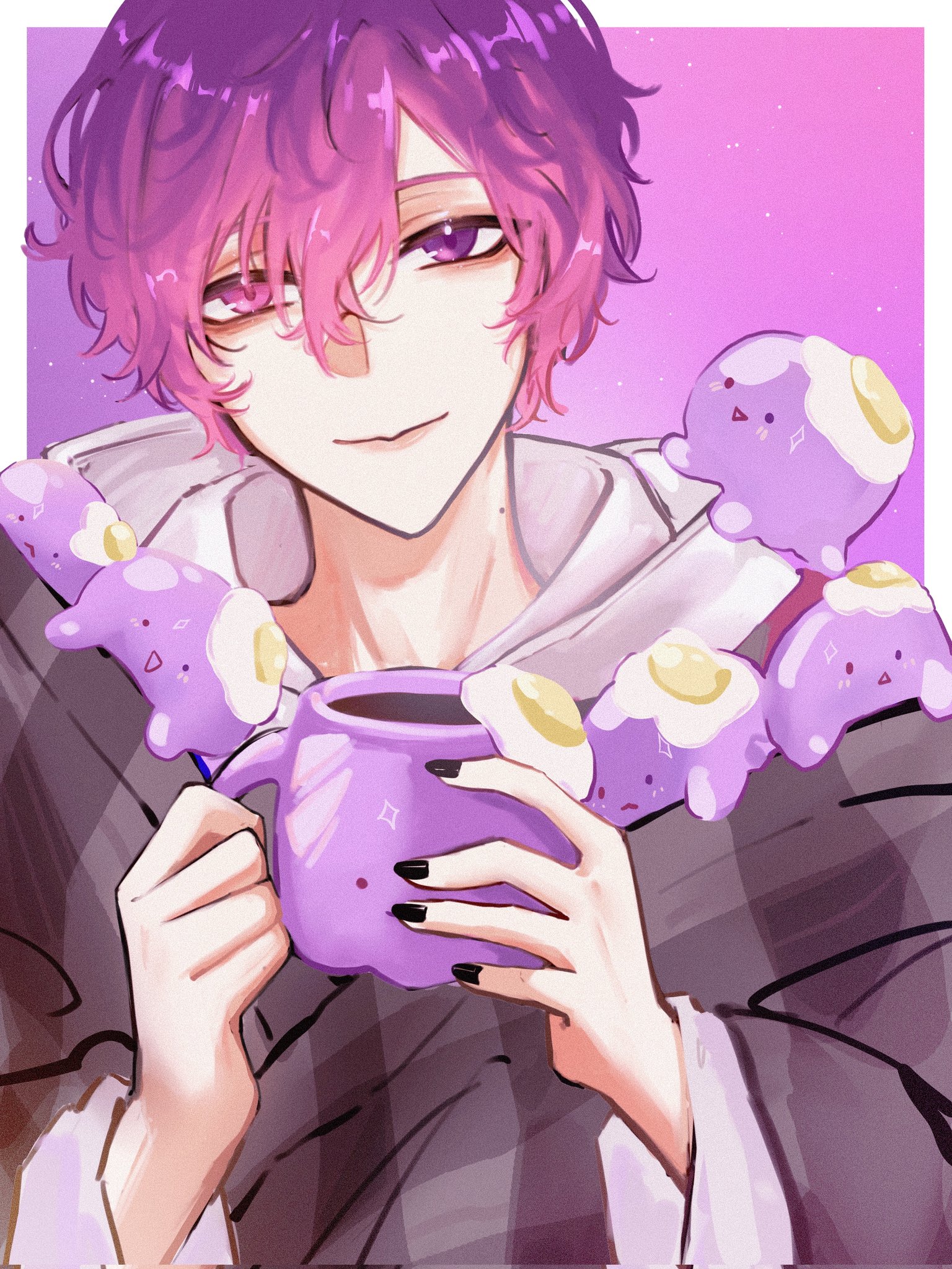 a digital illustration of an anime boy with pink hair and purple eyes. he is smiling and holding a purple mug of coffee. he is wearing a purple hoodie and has a cute, cartoon style. the background is pink and purple.