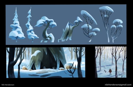 the image presents concept art for a snowy forest scene. the top section showcases various stylized trees covered in snow, highlighting different forms and compositions. the bottom section utilizes these tree designs in two separate environment concepts, both depicting a snowy forest floor and a muted winter sky.  a lone figure walking a dog is seen in the distance in the right environment concept, adding a sense of scale and narrative.
