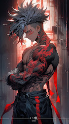 a digital illustration of a powerful, shirtless, tattooed man with a red and black color scheme standing in a dark room with a red door in the background.  his hair is red and black, and he has a serious expression on his face.  his red tattoos spread across his chest and right arm.  he has a fierce, almost angry look in his eyes and his right hand is on his left shoulder, while his left hand is clenched.  he is looking at the viewer.  his image is surrounded by a red glow.  this artwork has the feel of a manga style anime, and is possibly a fictional character from a fantasy world.