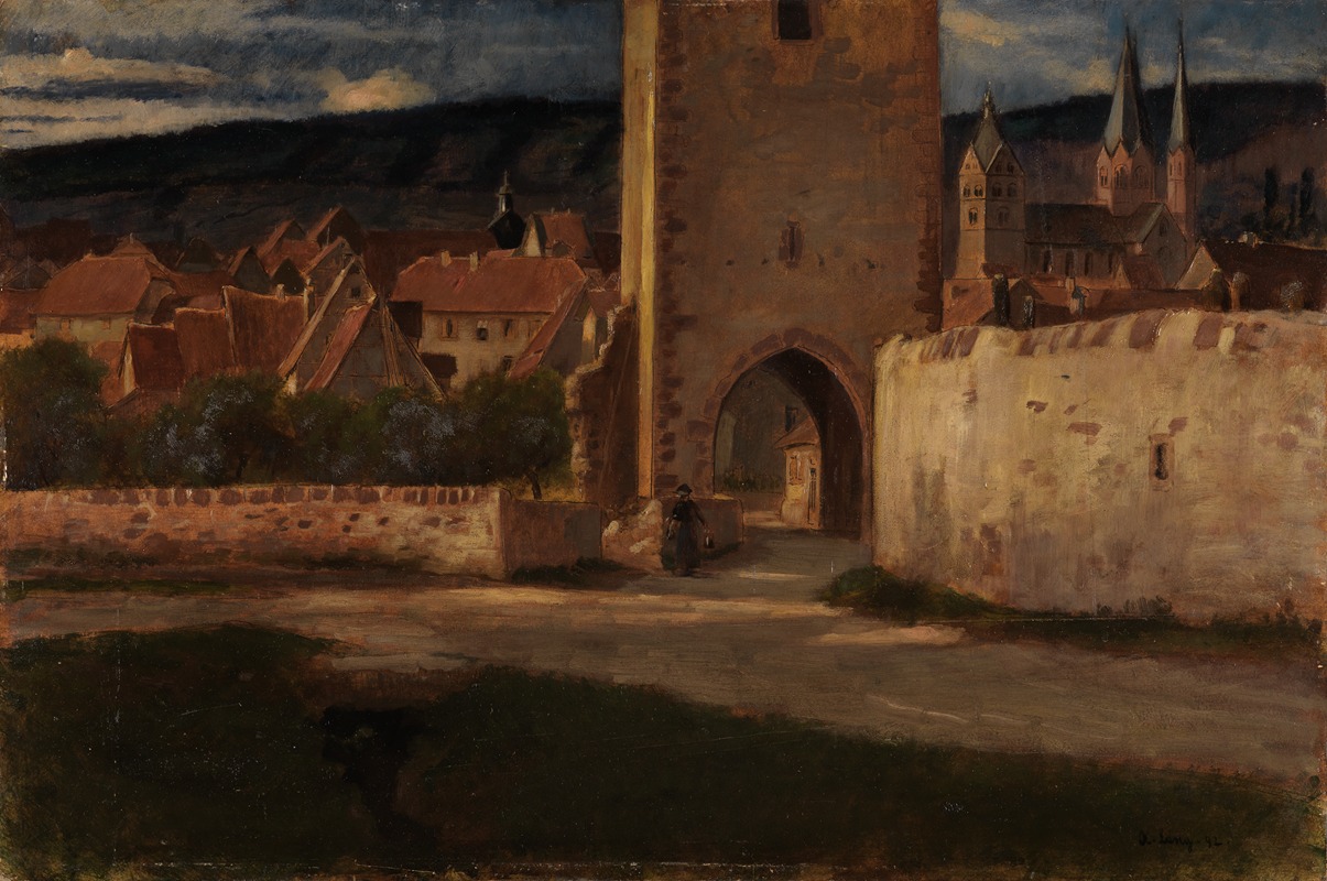 a painting depicts a european cityscape with a large stone archway and tower dominating the foreground. behind the archway and to the left, a cluster of buildings with redtiled roofs and various architectural styles is visible. in the distance, spires of a church or cathedral rise above the rooftops. a figure can be seen walking through the archway. in the background, dark mountains loom under a cloudy sky. the painting captures a sense of light and shadow, highlighting the textures of the stone and buildings. the overall impression is one of a historic, quaint european town.