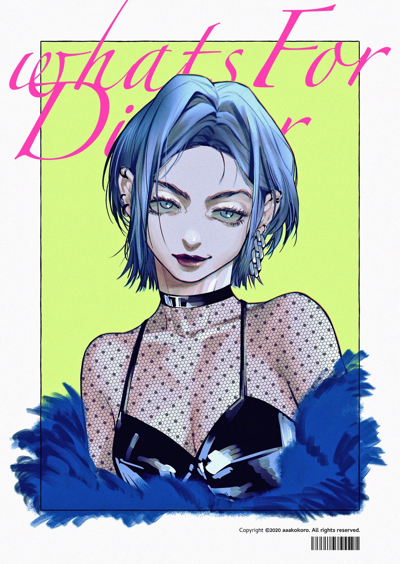 the image showcases a digital illustration of a stylish woman. she has striking blue hair, styled in a sleek bob, and captivating green eyes. she wears a black choker, a revealing black mesh top, and is draped in vibrant blue feathers. the background is a simple yellowgreen, emphasizing the subject. the illustration style is detailed and modern, focusing on capturing the attitude and fashion sense of the woman.