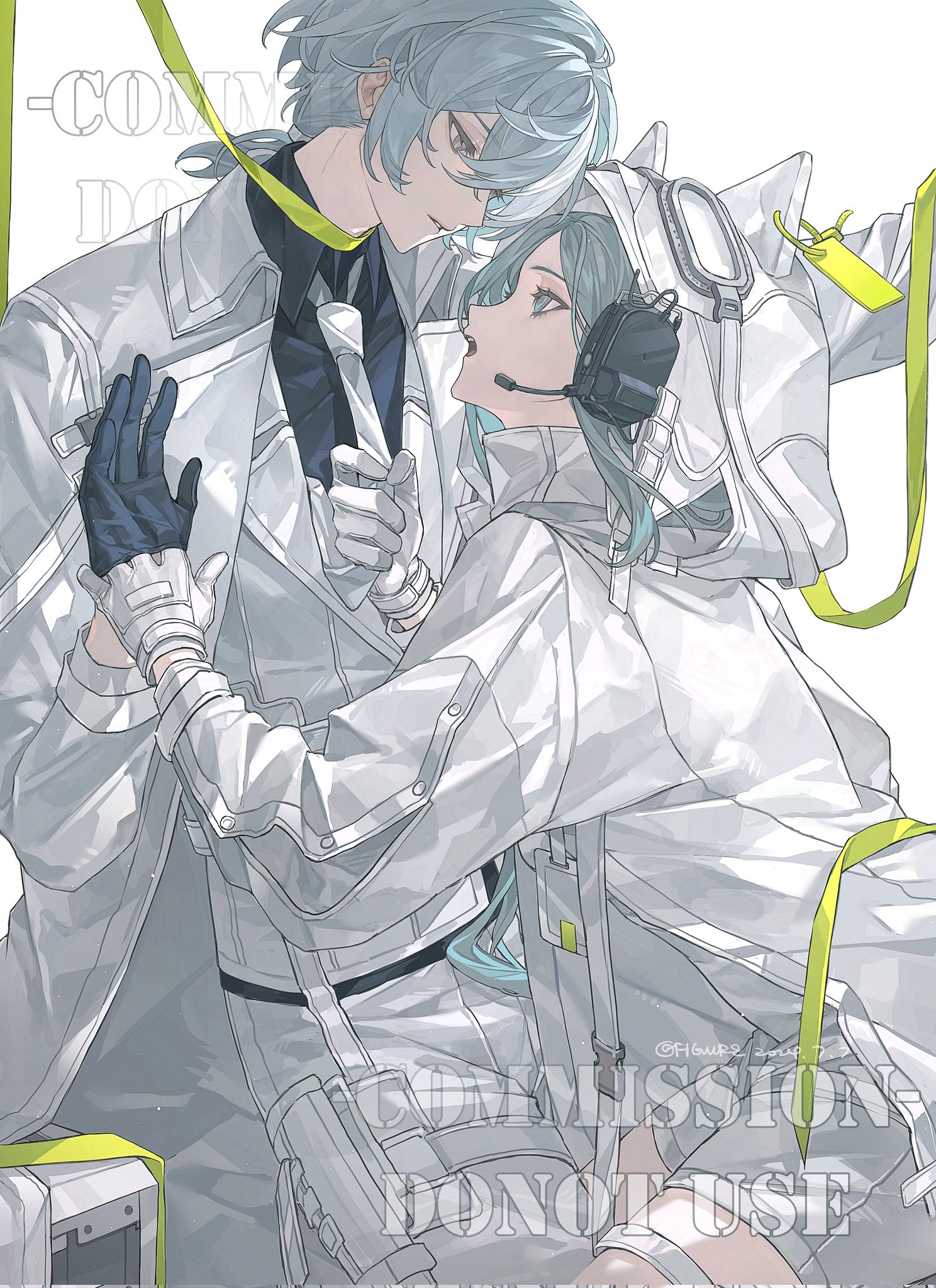 an animestyle illustration shows two figures, possibly a male and a female, in a close embrace. the character on the left has light blue hair and wears a lab coat with a black shirt and tie. he's wearing gloves on his left hand and is holding the right hand of the other figure. the character on the right also has light blue hair, wears a white hooded jacket with a headset, and seems to be looking up at the other character. there are yellow straps or accents on their clothing. text reading "commission do not use" is visible near the top and bottom of the image.