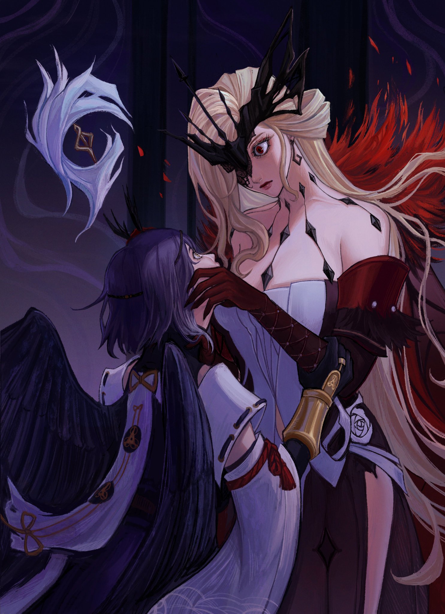 the image depicts two animestyled women. the woman on the right is blonde with long hair and is wearing a black and red outfit. she is holding the woman on the left, who has purple hair and black wings. the woman on the left is wearing a white and purple outfit. the background is dark and blurry. the image is a digital painting, possibly fan art.