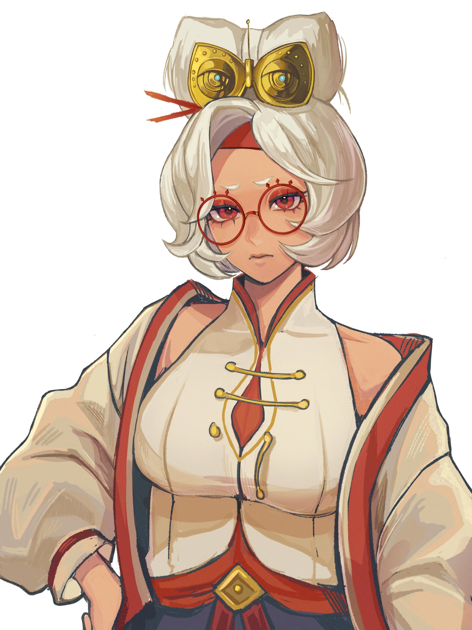this is an illustration of an anime girl with white hair, wearing a white shirt with red sash, a red ribbon tied around her hair, and a golden butterfly headband. she is wearing red glasses and has a serious expression on her face.
