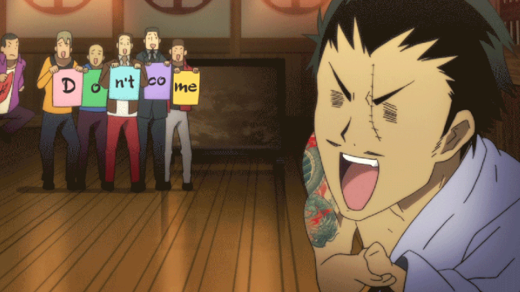 a group of men hold up signs that read "don't come" while an intimidating man with a scar on his face laughs menacingly.