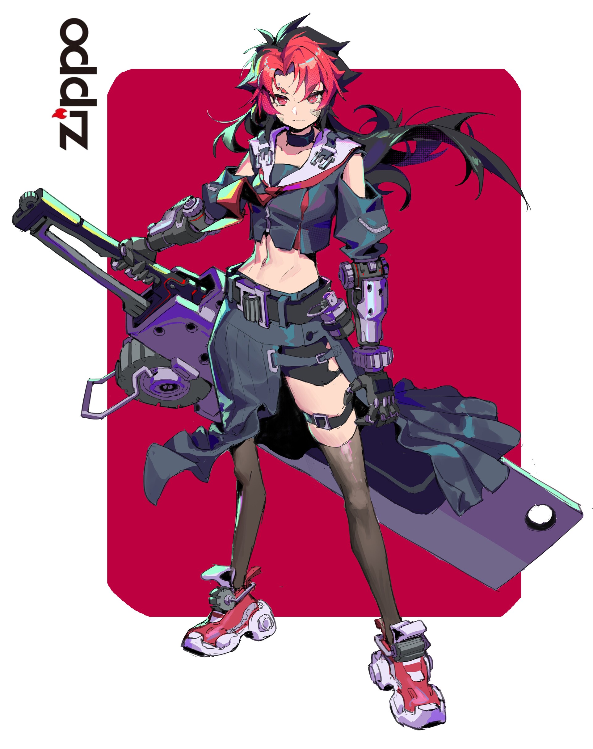the image shows an animestyle female character with red and black hair standing against a red background. she is holding a large, futuristic weapon that looks like a combination of a chainsaw and a sword. she is wearing a stylish, futuristic outfit with a cropped top, short skirt, and hightech boots. the zippo logo is in the top left corner of the image.