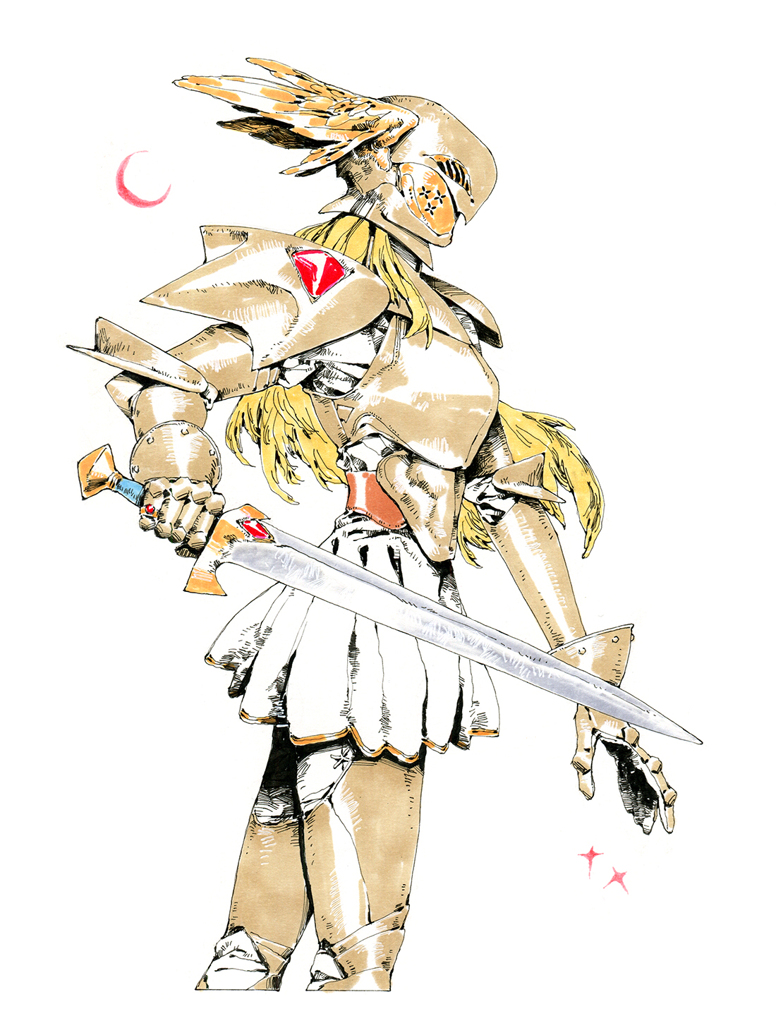 this striking illustration showcases a female warrior clad in ornate, bronzehued armor. she stands in a confident pose, her back slightly turned, offering a threequarter view of her profile. her long, blonde hair flows freely, contrasting against the metallic sheen of her armor. a feathered helmet, reminiscent of a bird of prey, crowns her head. her right hand rests on the hilt of a gleaming sword, its blade extending towards the viewer. a large ruby adorns the breastplate of her armor, catching the light.  the overall style suggests a blend of fantasy and medieval aesthetics.