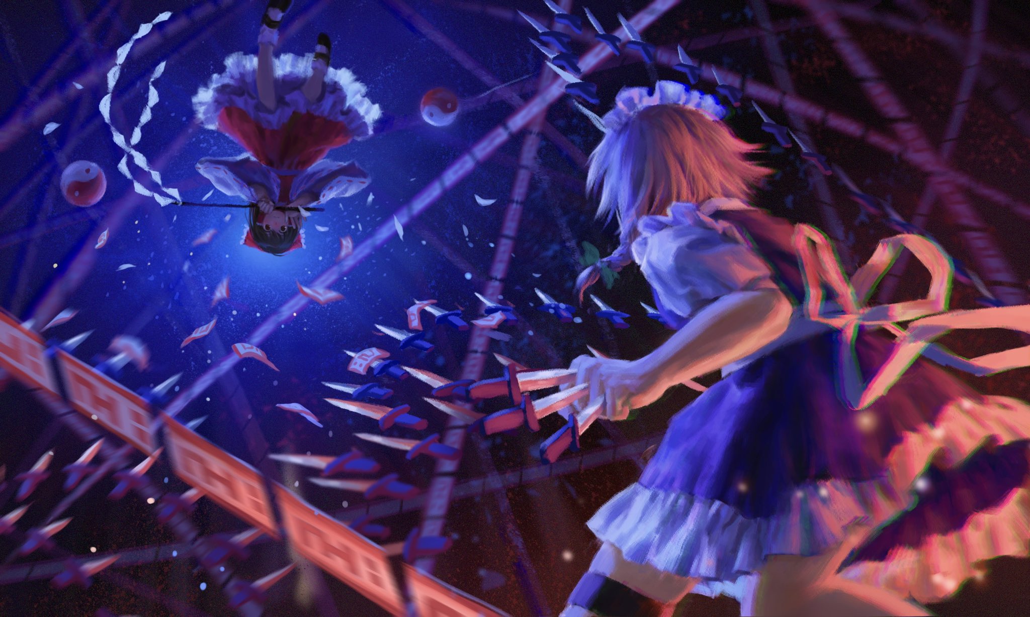 an animestyle artwork depicting a battle scene from touhou project, featuring sakuya izayoi and reimu hakurei. sakuya is in the foreground, wearing her maid outfit and throwing knives. reimu is upside down in the background, surrounded by spell cards and a yinyang orb. the scene is set in a blue and red environment with structural beams.