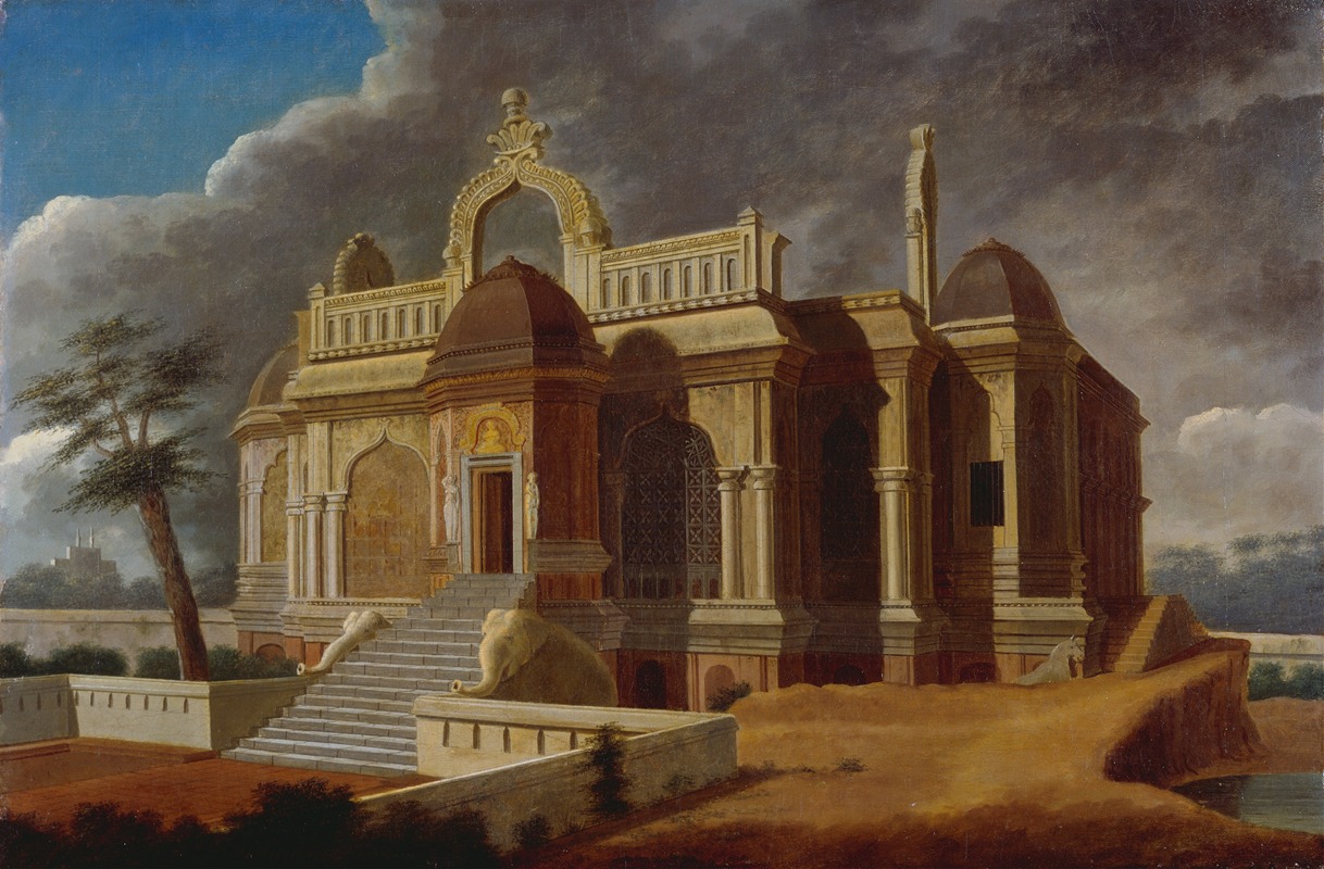 a painting depicts a building, likely a temple or other significant structure in indian architecture, against a cloudy sky. the building is complex with various architectural elements, including domes, columns, arches, and intricate detailing. there are stairs leading up to the building, flanked by elephant sculptures. a lone tree stands to the left, and the surrounding landscape appears arid. the overall style suggests a historical or artistic representation of the scene.