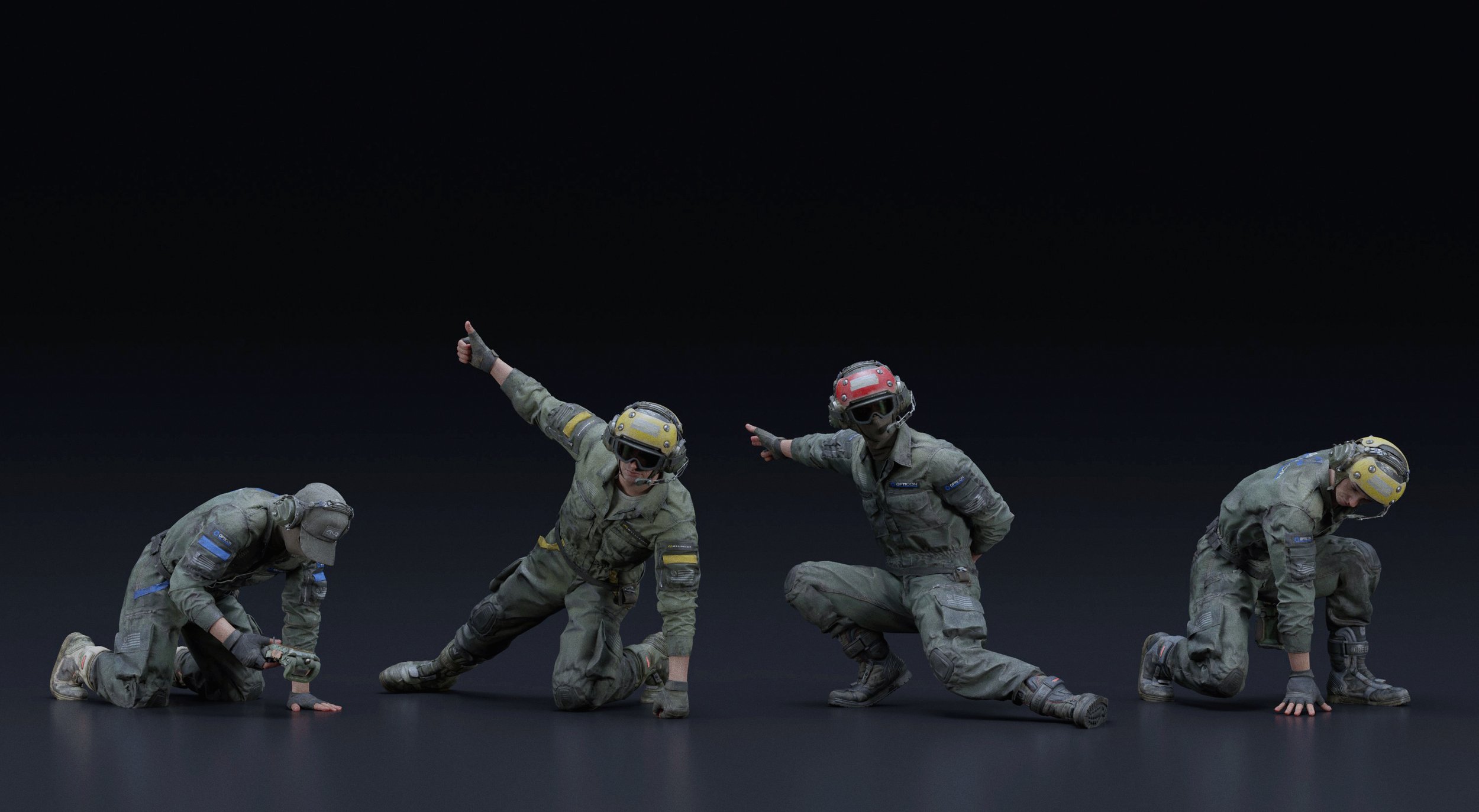 the image shows four 3d rendered models of soldiers in various tactical poses against a dark background.  each soldier is wearing a camouflage uniform and helmet. the poses include crouching, kneeling, and one soldier giving a thumbs up. the soldiers appear to be from a video game or similar digital media.  the focus is on the detailed rendering of the soldiers and their poses.