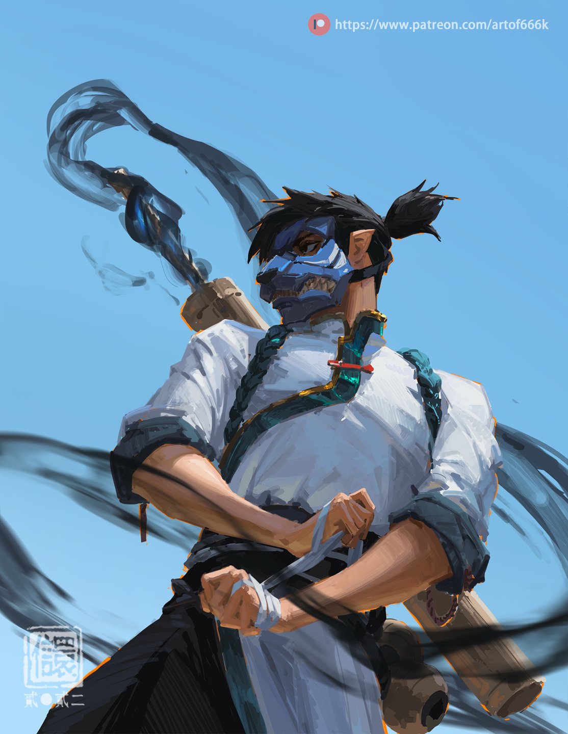 the digital painting showcases a dynamic portrait of a stylized warrior figure. the character, possibly inspired by east asian aesthetics, wears a lightcolored, loosefitting shirt over dark pants, and a striking blue mask covering their face.  their dark hair is pulled back in a topknot. they're depicted in a dynamic pose, seemingly midaction, with their arms crossed and a long staff slung across their back.  swirling black brushstrokes around them suggest wind or the motion of their movements, adding to the sense of energy and action. the background is a simple clear blue sky, placing focus on the character. the artist's patreon information is included in the image. the style blends anime/manga influences with a more painterly approach.