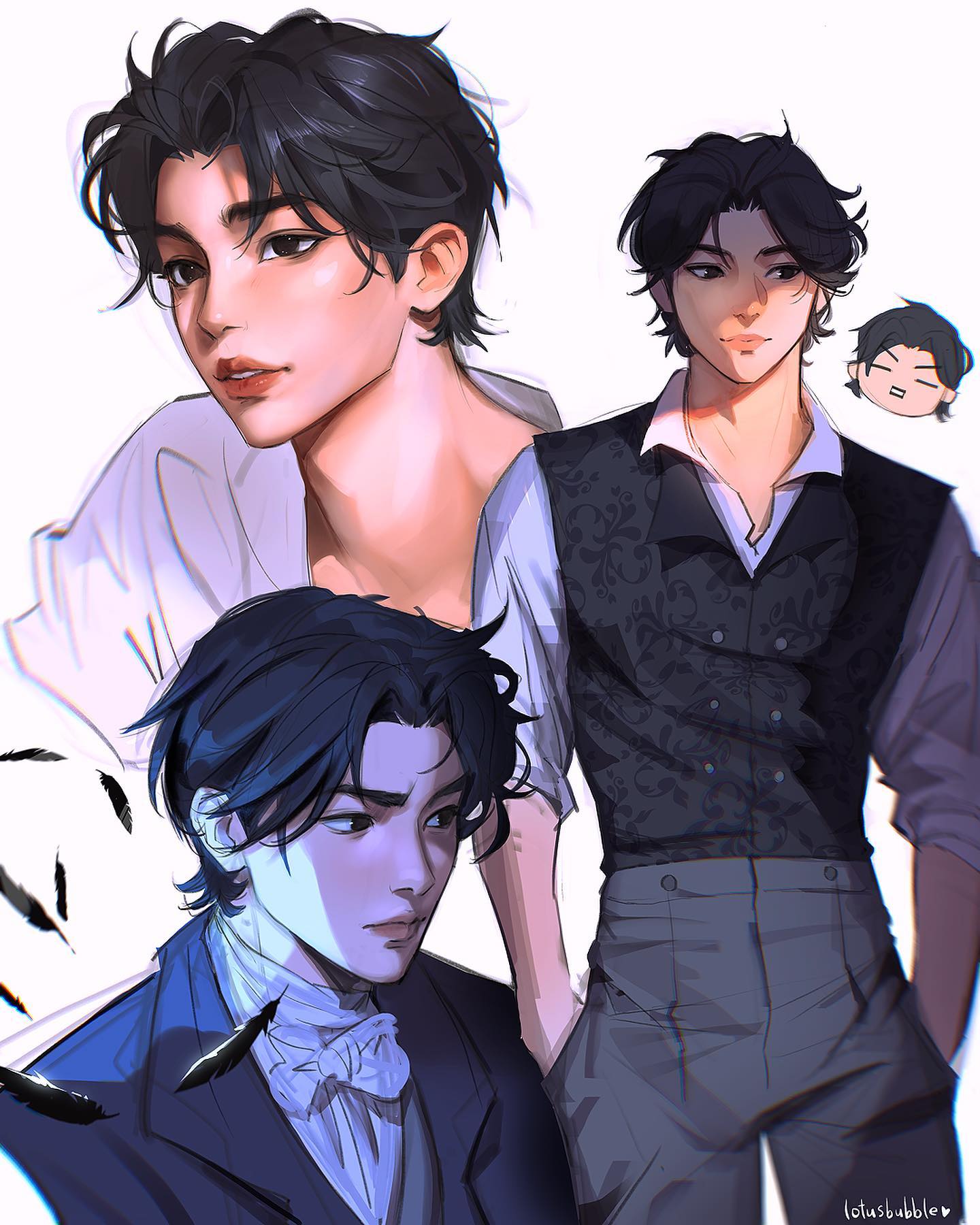 the image showcases a digital illustration or painting featuring three stylized animestyle male characters.  the central figure is a young man with dark hair, dressed in a dark waistcoat and trousers, reminiscent of 19thcentury attire. to the left is a similarlooking man in a lighter, more romanticstyle shirt.  to the right, slightly behind the central character, is a smaller, chibilike version of another man.  the art style is soft, with subtle shading and a focus on creating a romantic and elegant mood. the overall aesthetic blends elements of fantasy and historical fashion. the quality suggests professionallevel digital art.  there is a featherlike design element present in the background. the artist's signature "lotusbubble" is visible in the bottom right corner.