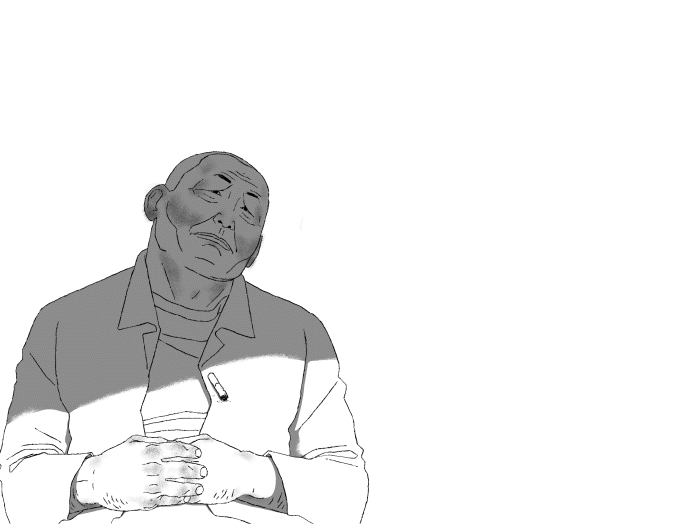 the image is a black and white illustration of an elderly man sitting with his hands clasped in his lap. he appears to be resting or sleeping, his eyes closed.  he is wearing a jacket over a striped shirt. a small object, possibly a cigarette, is visible in his shirt pocket. the style is realistic, but the background is simple and minimalistic, focusing the viewer's attention on the man. the use of light and shadow gives depth to the drawing. the overall mood is somber and pensive.