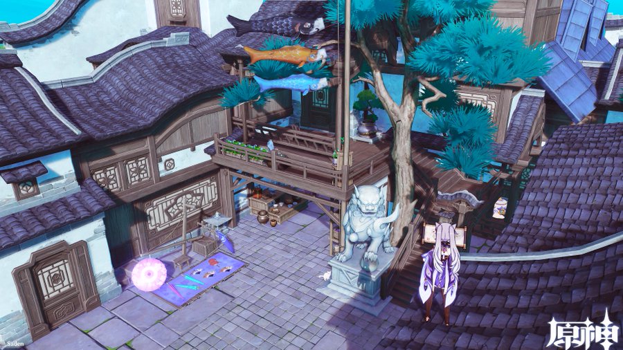 a highangle, wide shot of a detailed 3d rendering of a traditional chinesestyle courtyard in a video game, possibly genshin impact.  the courtyard features multiple buildings with intricately designed roofs, wooden structures, and stone detailing.  koi carp streamers are hung from a central tree. a white stone lion statue sits prominently on a pedestal. a female animestyle character in a purple and white outfit stands in the courtyard.  the overall aesthetic is bright and colorful with a mixture of traditional architecture and animestyle characters. the logo for what seems to be a game is visible in the bottomright corner.